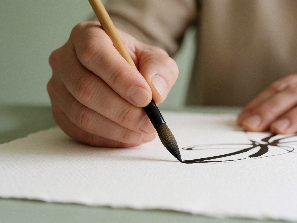 Close-up of a hand using a fine brush to apply black ink lines on textured watercolor paper against a soft green background