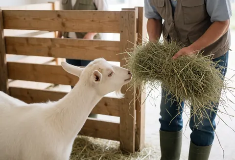 A man in boots and a vest offers hay to a white goat in a wooden pen during daylight.