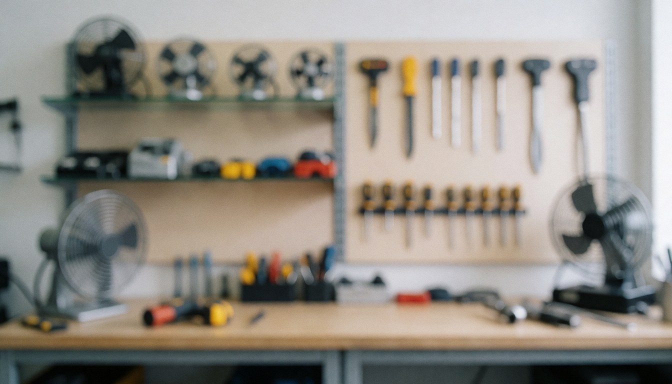 Out of focus repair shop background featuring shelves, hanging tools, and fans on a table for text overlay