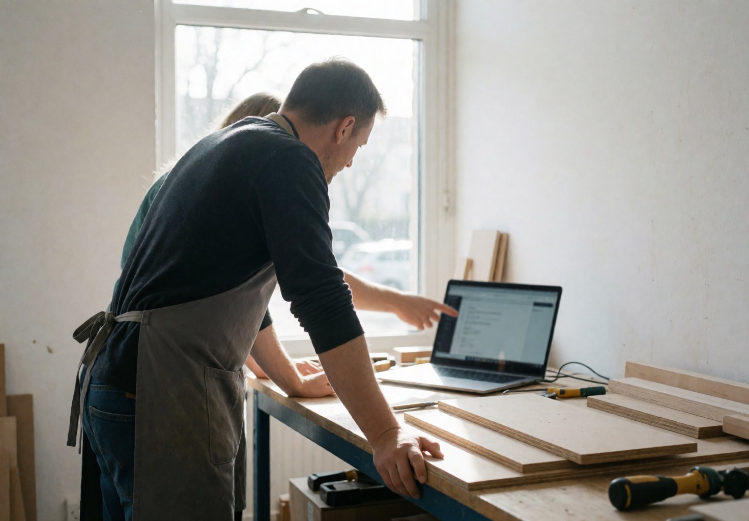 Mentor and student collaborating at a workbench with tools and a laptop in a robotics workshop with natural light from a window