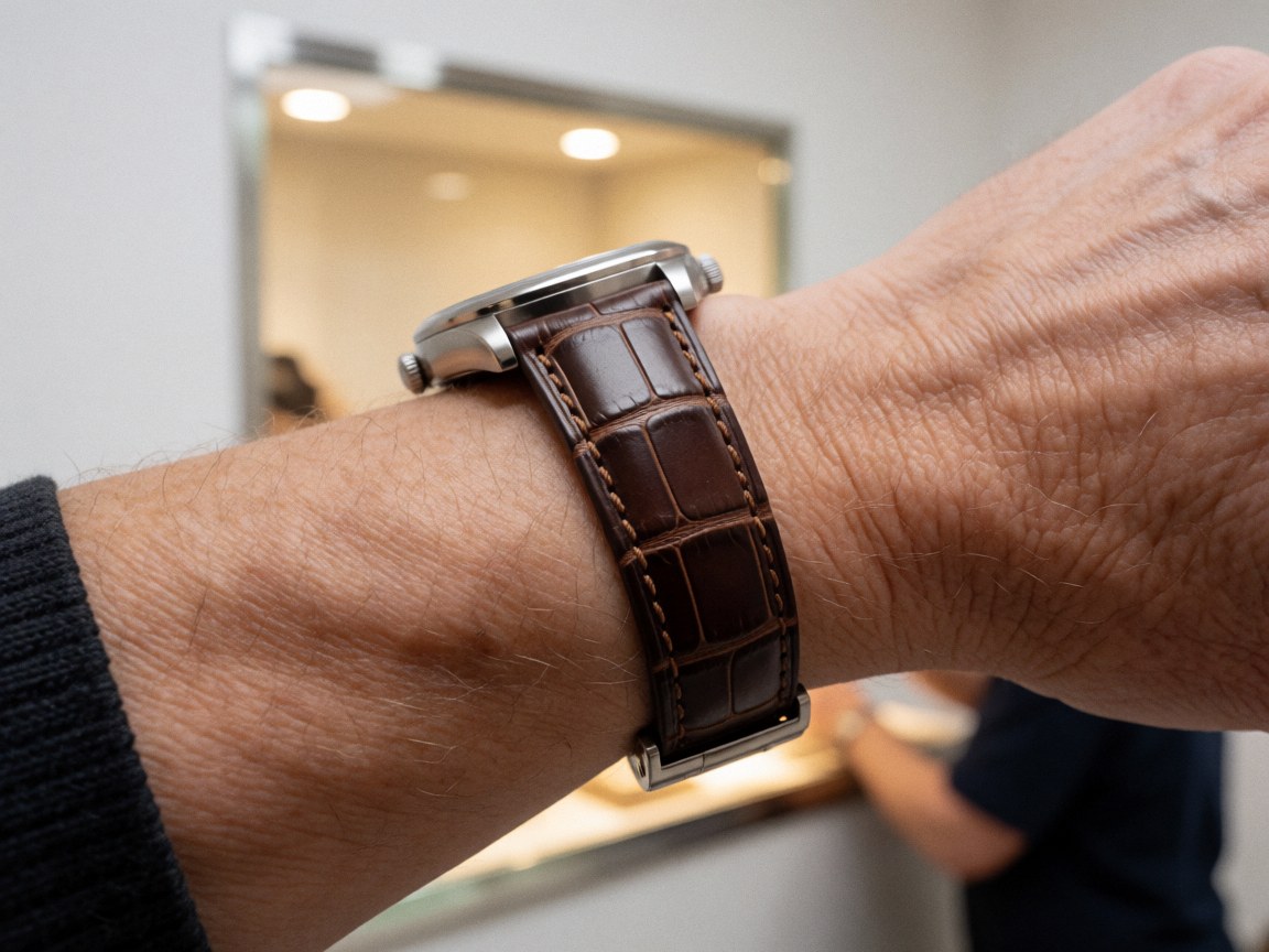 Close-up of a watch clasp with a crocodile leather strap against a lit display case background, highlighting leather texture and metallic finish.