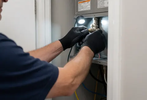 Technician adjusting a metal heating valve inside a cabinet during a repair service.