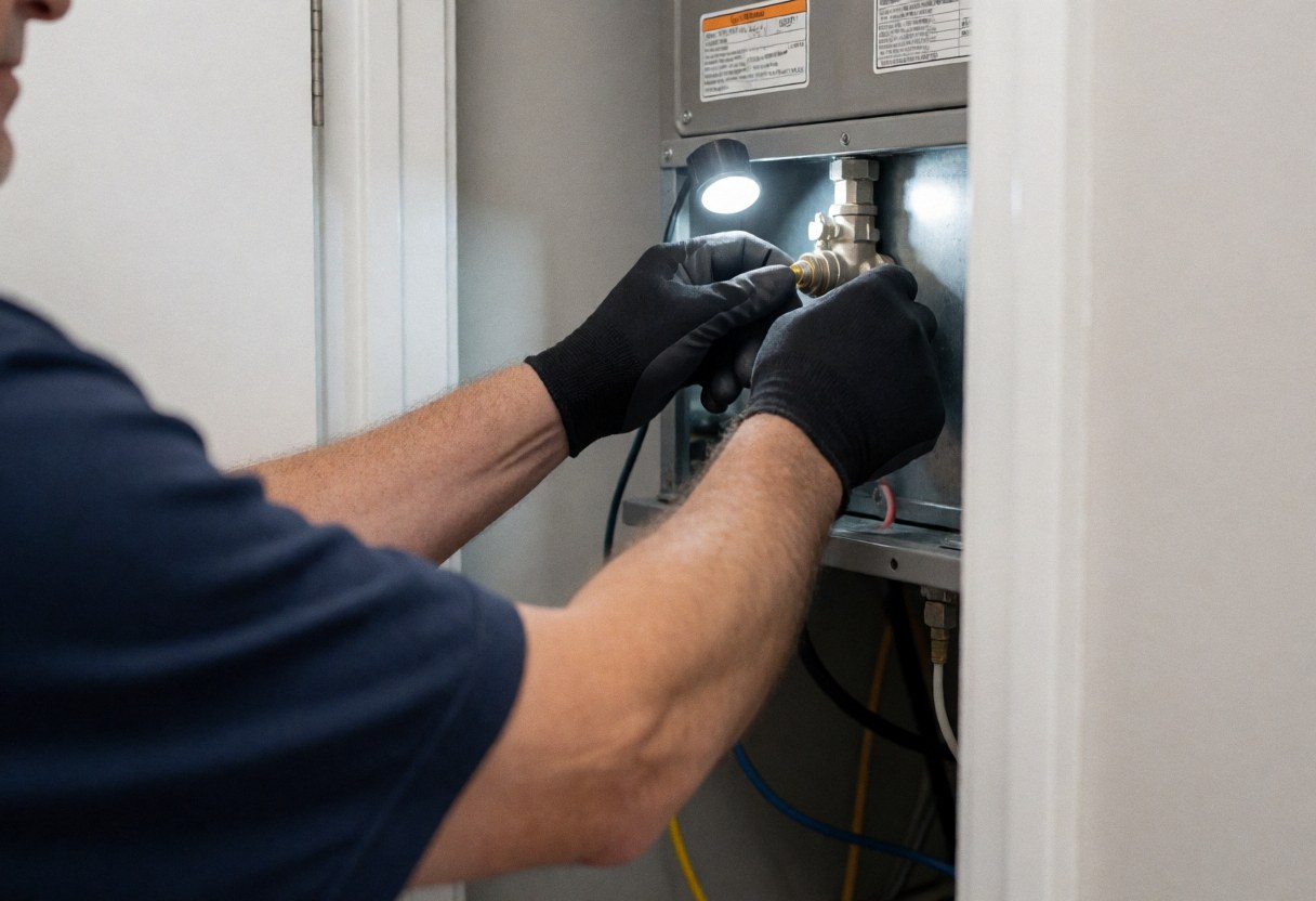 Technician adjusting a metal heating valve inside a cabinet during a repair service.