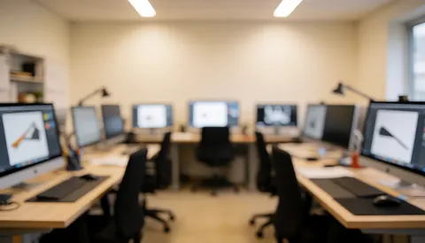 Blurred design studio background featuring desks, monitors, and chairs with warm lighting and a creative work atmosphere