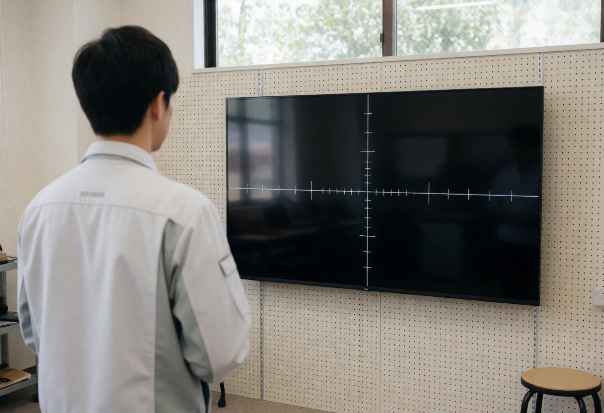 A technician in a white uniform checks a wall-mounted TV screen displaying an alignment cross in a tidy, naturally lit workspace.