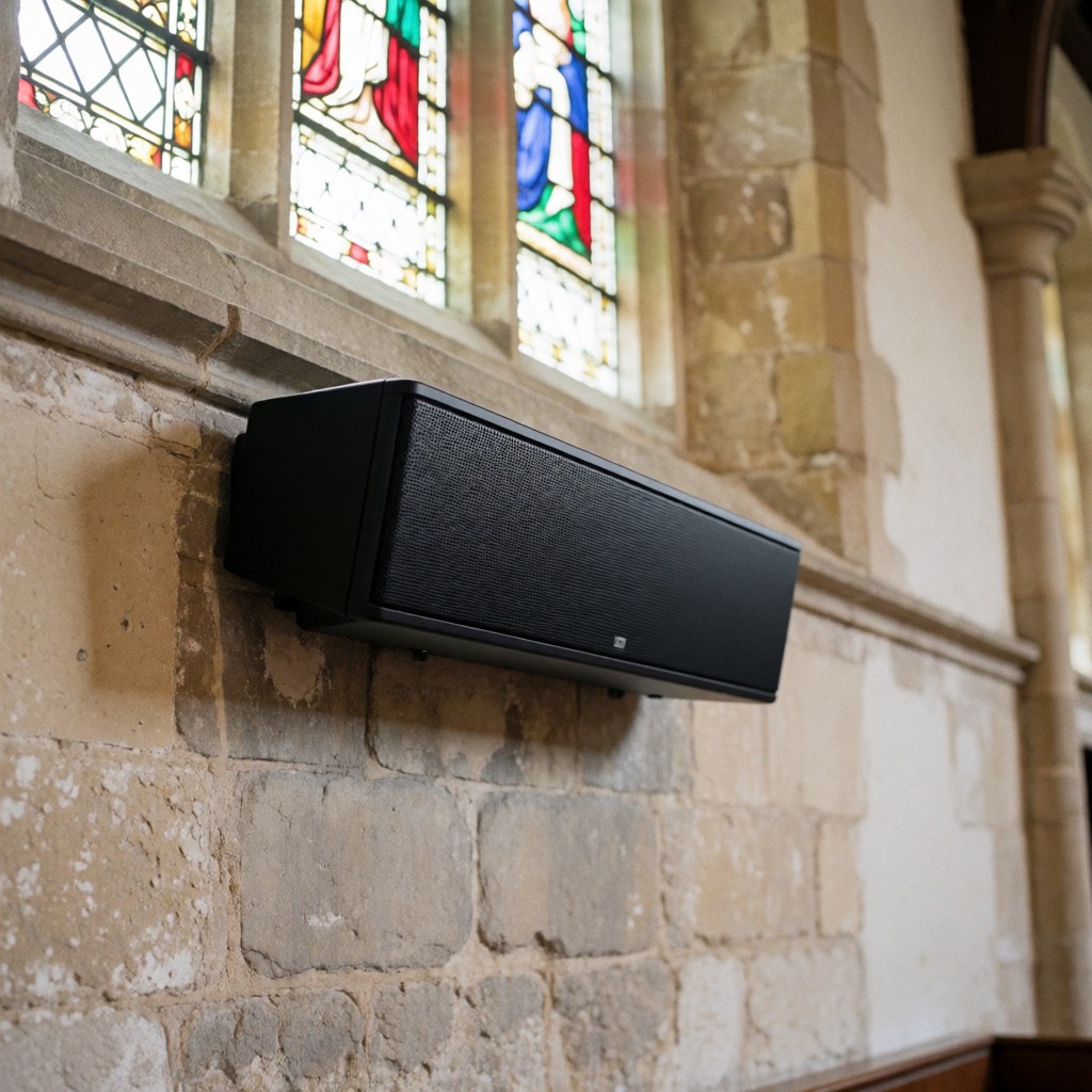 Black linear speaker mounted on stone wall in church with colorful stained glass and natural light filtering through