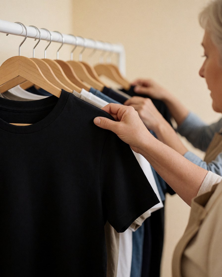 A woman selects a black cotton t-shirt from a hanger in a clothing store, highlighting fabric texture and hand details with a blurred beige background.