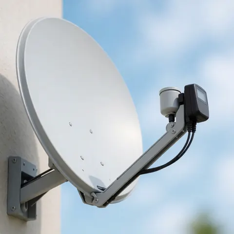 White wall-mounted satellite dish equipped with an alignment tool against a blurred blue sky background