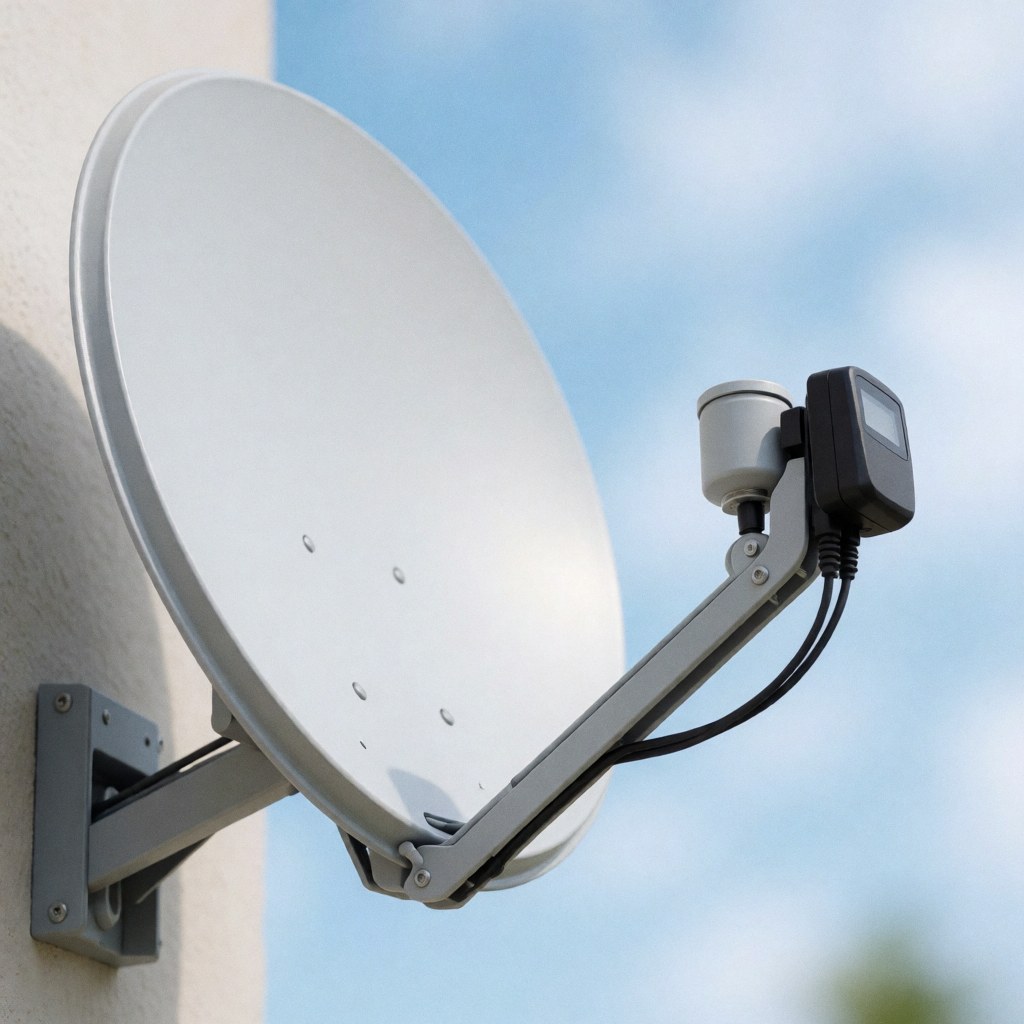 White wall-mounted satellite dish equipped with an alignment tool against a blurred blue sky background