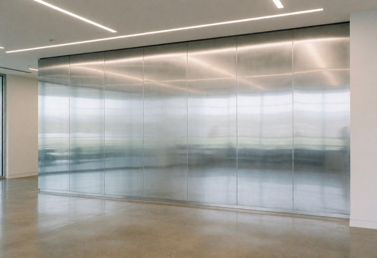 Polished metal office wall reflecting linear ceiling lights and polished concrete floor in a clean corporate interior.