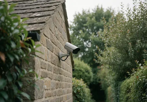 Modern security camera mounted on a stone wall in a garden with blurred greenery in the background for perimeter surveillance services