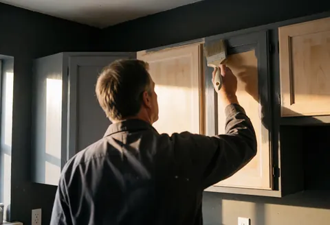 Technician painting the edge of a kitchen cabinet door with a brush during sunset, featuring gray walls and partially painted kitchen doors.