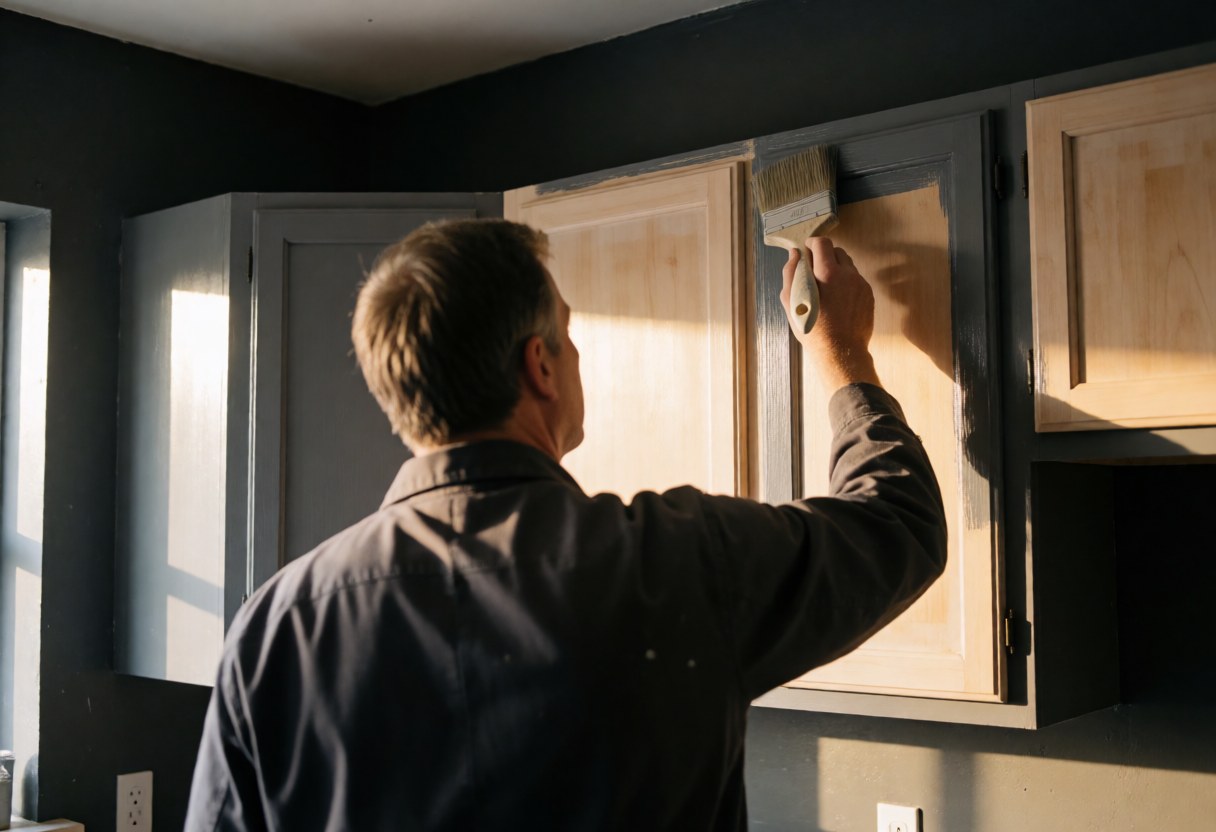 Technician painting the edge of a kitchen cabinet door with a brush during sunset, featuring gray walls and partially painted kitchen doors.