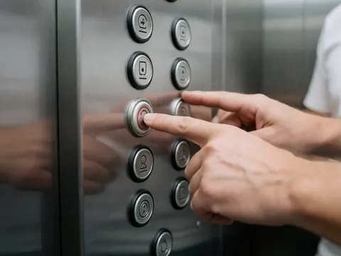 Close-up of a hand pressing the red emergency button on a stainless steel elevator control panel with slightly worn buttons and a blurred background.