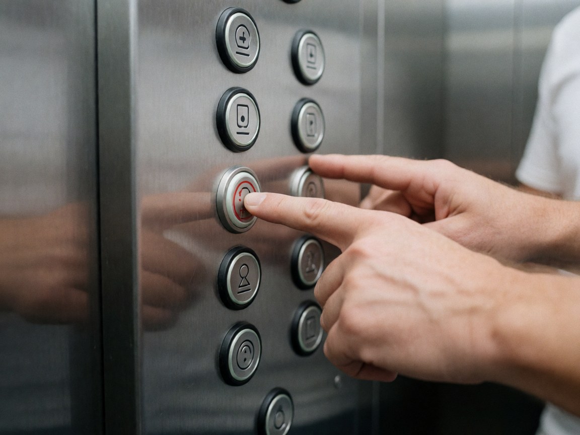 Close-up of a hand pressing the red emergency button on a stainless steel elevator control panel with slightly worn buttons and a blurred background.