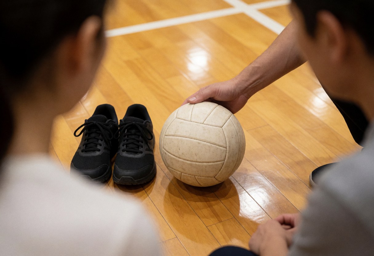 A volleyball coach adjusts a ball on a wooden floor near athletic shoes while two people watch from behind