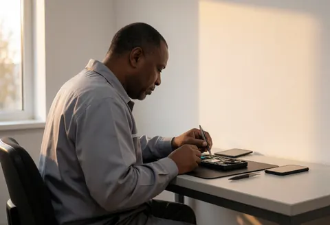 Close-up of technician using tweezers to install a component on a clean workbench under warm lighting