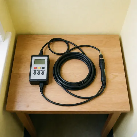 Pipe inspection kit with control and black cable on light wooden table with yellow walls and bright clean lighting