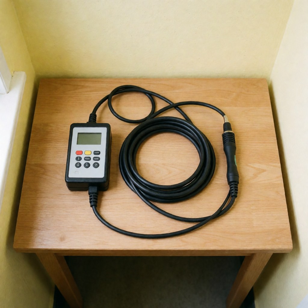 Pipe inspection kit with control and black cable on light wooden table with yellow walls and bright clean lighting