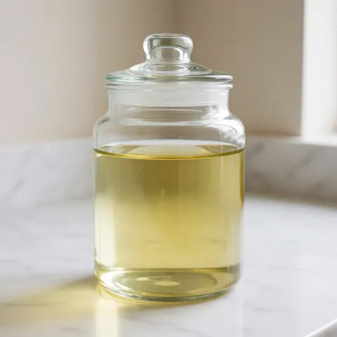 Glass pitcher with lid filled with translucent yellow liquid on white marble countertop with gray veins