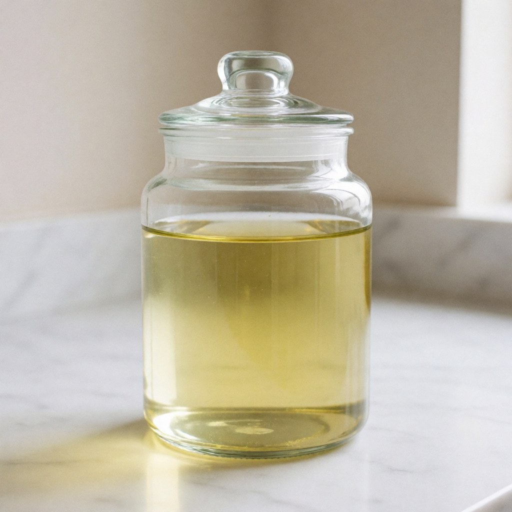Glass pitcher with lid filled with translucent yellow liquid on white marble countertop with gray veins