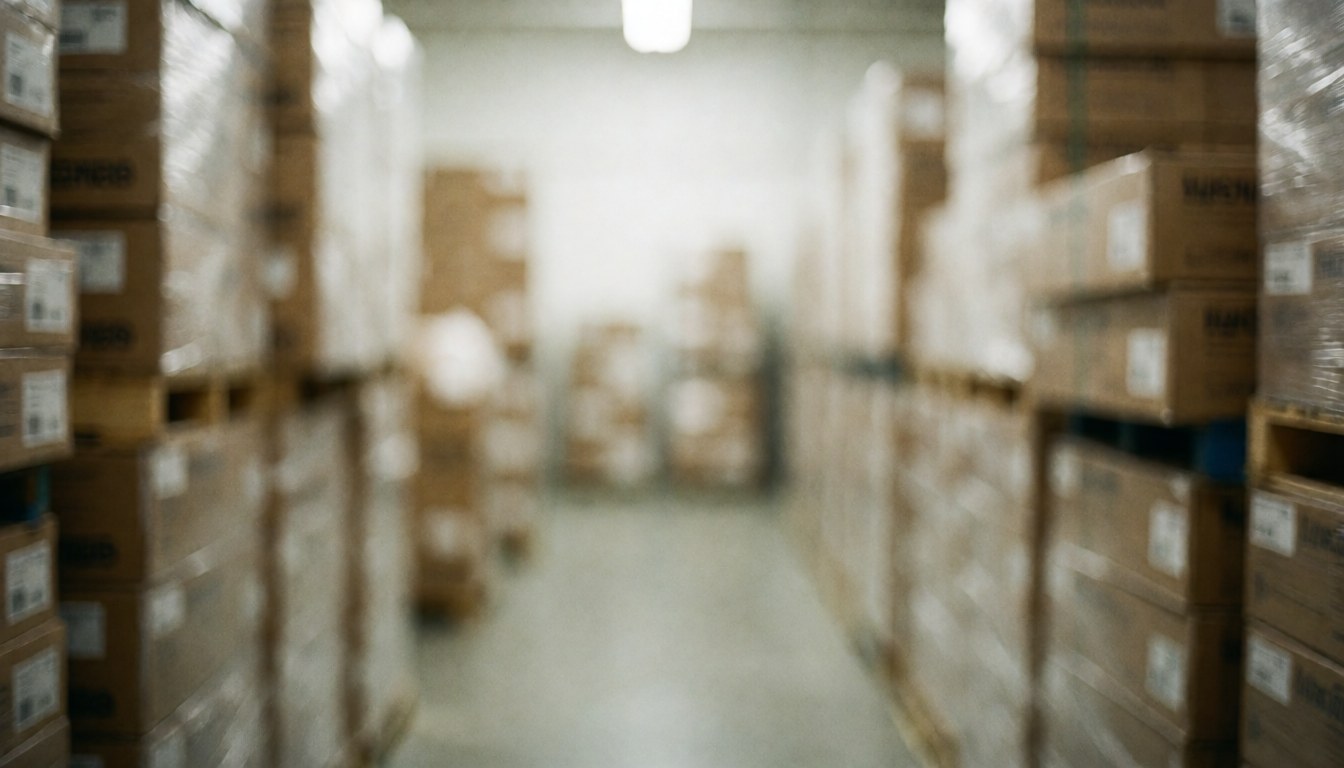 Blurred warehouse aisle with stacked flooring boxes, serving as a professional background for business text overlays.