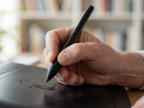 Close-up of an adult hand holding a black stylus over a graphic tablet with a bookshelf in the background.