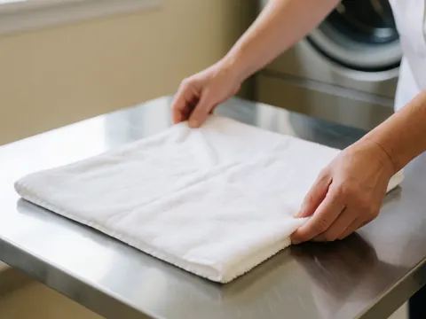 Adult hands folding a white towel on a stainless steel table with blurred laundry machinery and beige walls in the background