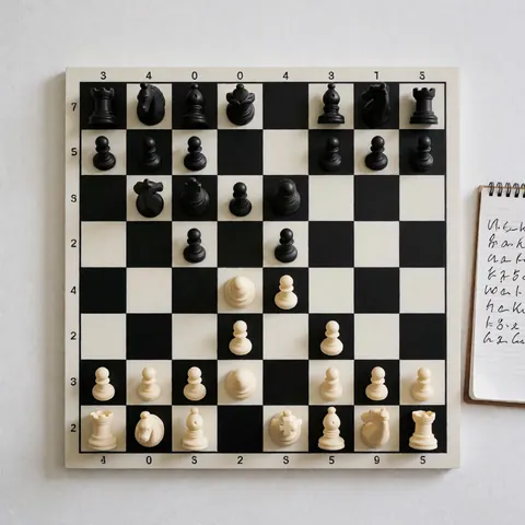 Chessboard with pieces in mid-game position next to a notepad with handwritten move annotations on a white background