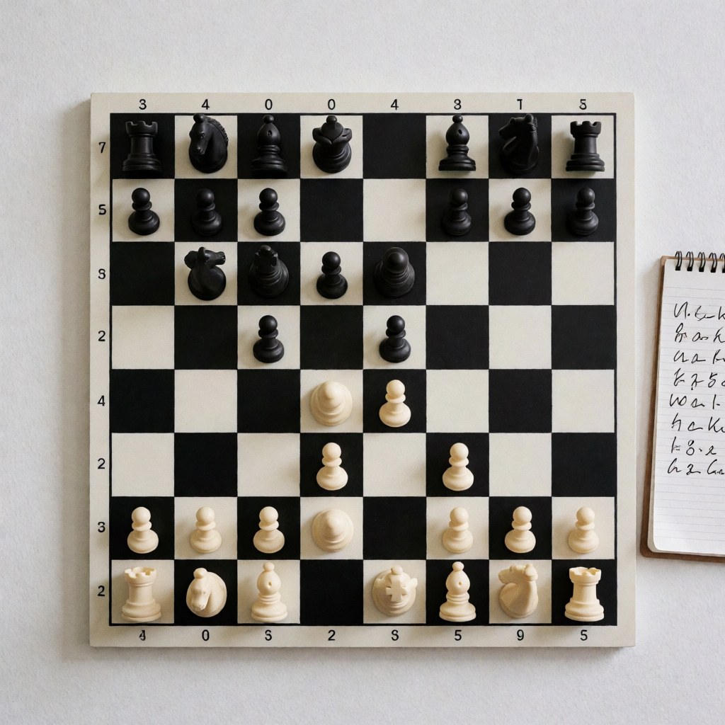 Chessboard with pieces in mid-game position next to a notepad with handwritten move annotations on a white background