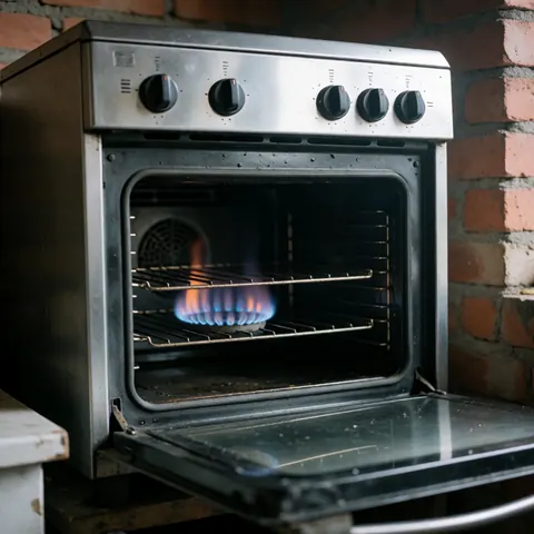 Gas pot with blue flame on brick kitchen counter, open door, red brick wall, humid kitchen atmosphere with natural diffused light