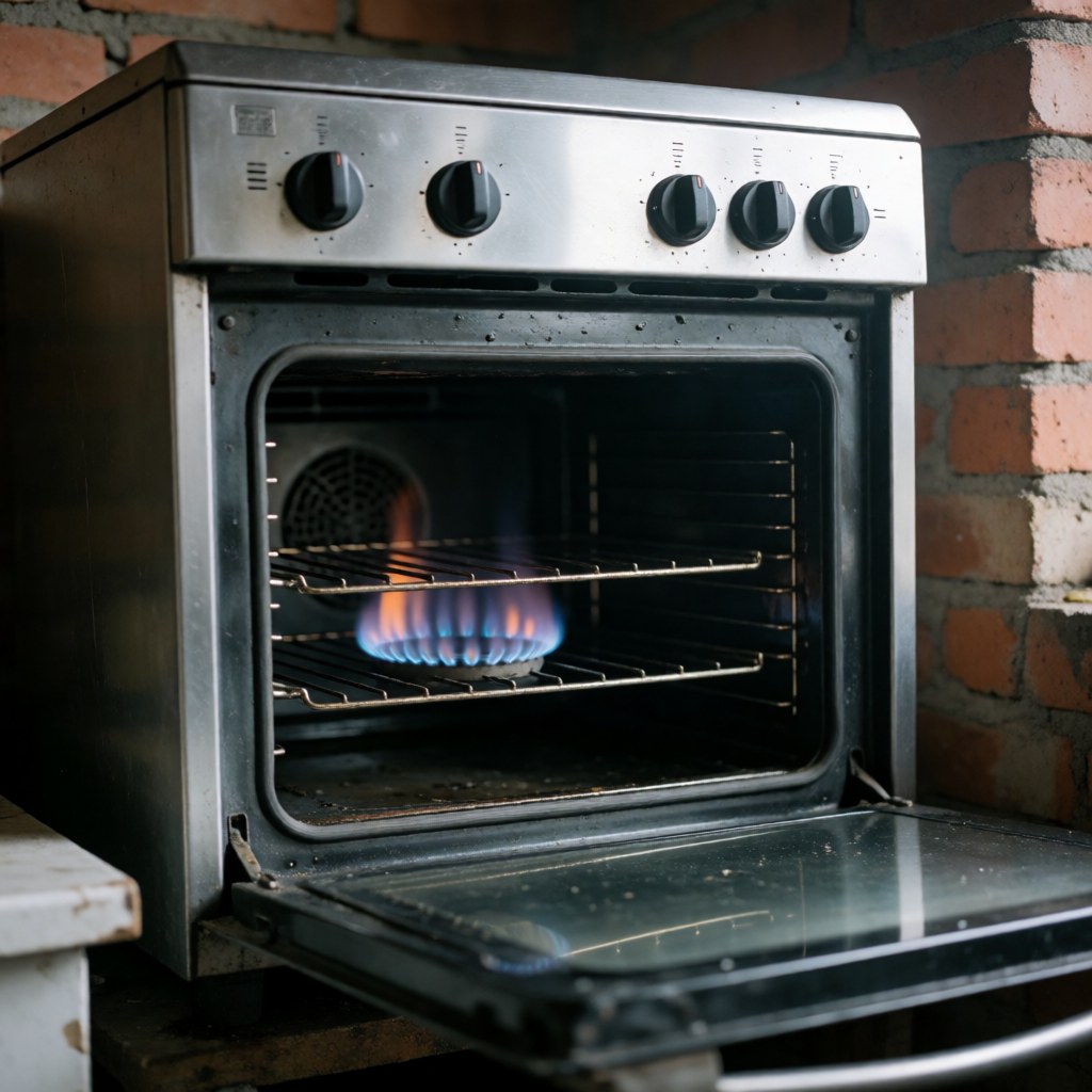 Gas pot with blue flame on brick kitchen counter, open door, red brick wall, humid kitchen atmosphere with natural diffused light