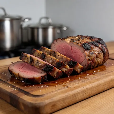 Thick grilled meat slices with charred edges and pink center on a rustic wooden board with blurred kitchen pots in the background