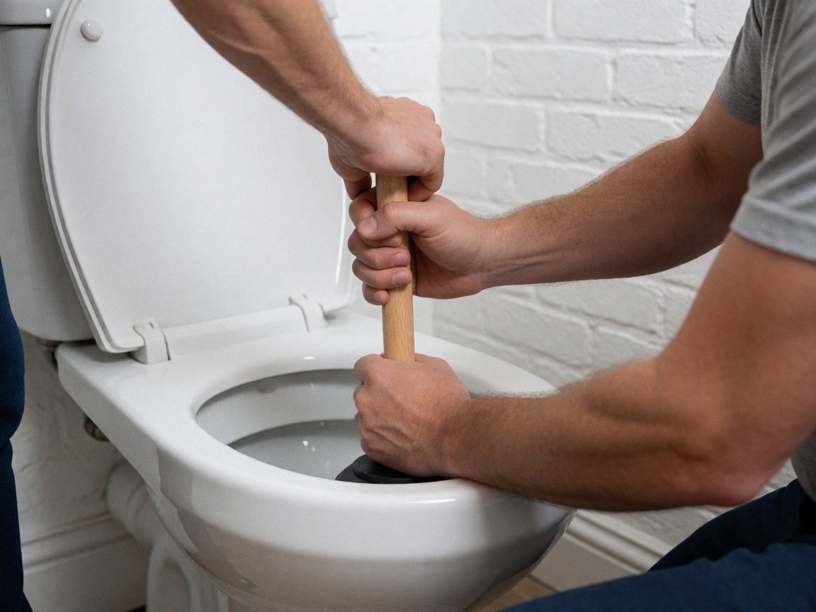 Plumber using wooden plunger to clear white toilet in bathroom with painted brick wall