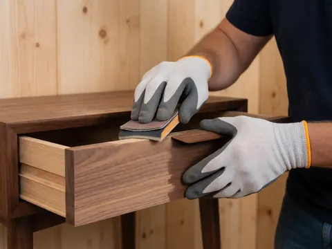 Close-up of a gloved hand sanding walnut wood with a sanding tool to show furniture repair details