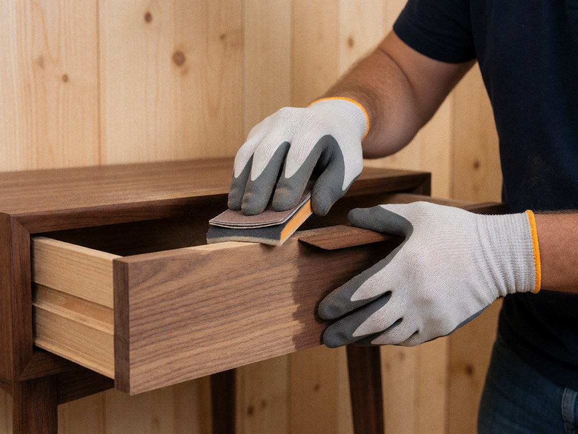 Close-up of a gloved hand sanding walnut wood with a sanding tool to show furniture repair details