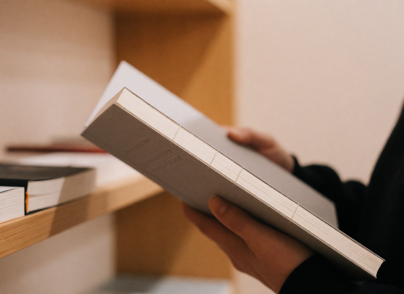 Close-up of a bilingual notebook spine with paper texture held in hands, with wooden shelves in the background