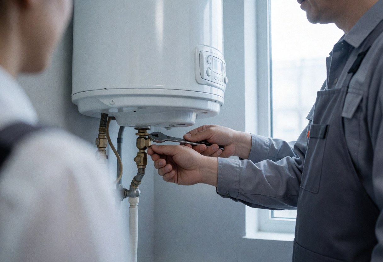 Technician in gray jacket adjusting white water heater drain valve with wrench near window with natural light and gray walls