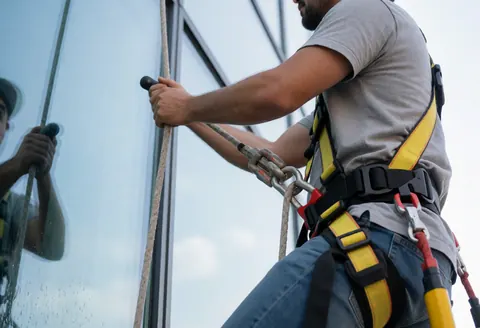 Worker in harness and rope descending glass building facade with blue sky reflection