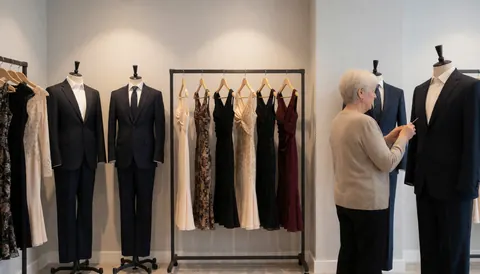 An older woman carefully examines a tango costume on a mannequin surrounded by formal wear in a boutique.