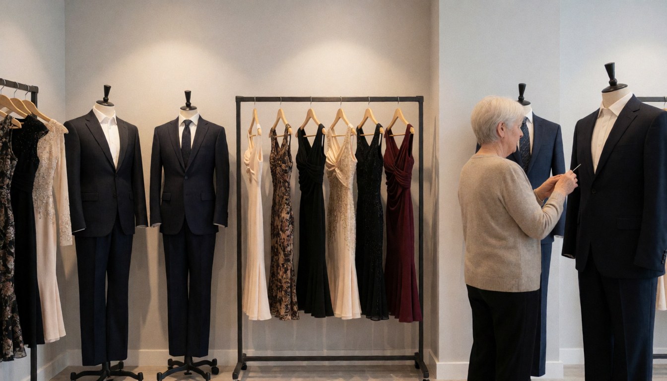 An older woman carefully examines a tango costume on a mannequin surrounded by formal wear in a boutique.