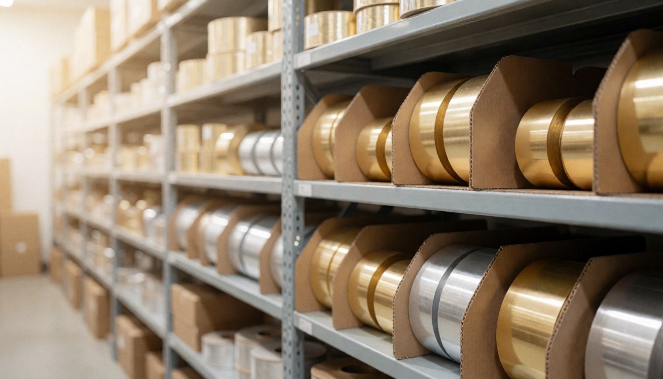 Shelves stocked with gold and silver metallic ribbon rolls in cardboard boxes, featuring warm lighting and a blurred background.