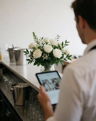 A man checks a floral arrangement on a tablet at a bar counter with ice cubes and glasses, featuring white roses and greenery under soft natural light