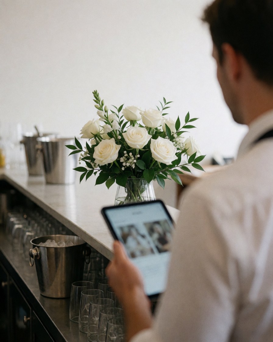 A man checks a floral arrangement on a tablet at a bar counter with ice cubes and glasses, featuring white roses and greenery under soft natural light