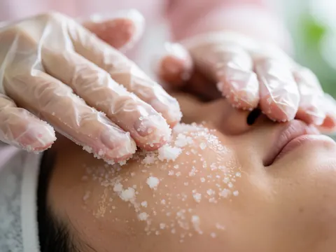 Close-up of gloved hands applying a granular exfoliating scrub to hydrated skin during a facial cleansing treatment against a soft pastel background