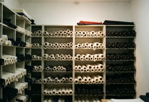 Shelves holding fabric rolls and organized textiles in a warm-lit room with white walls, used for shirt mending services.
