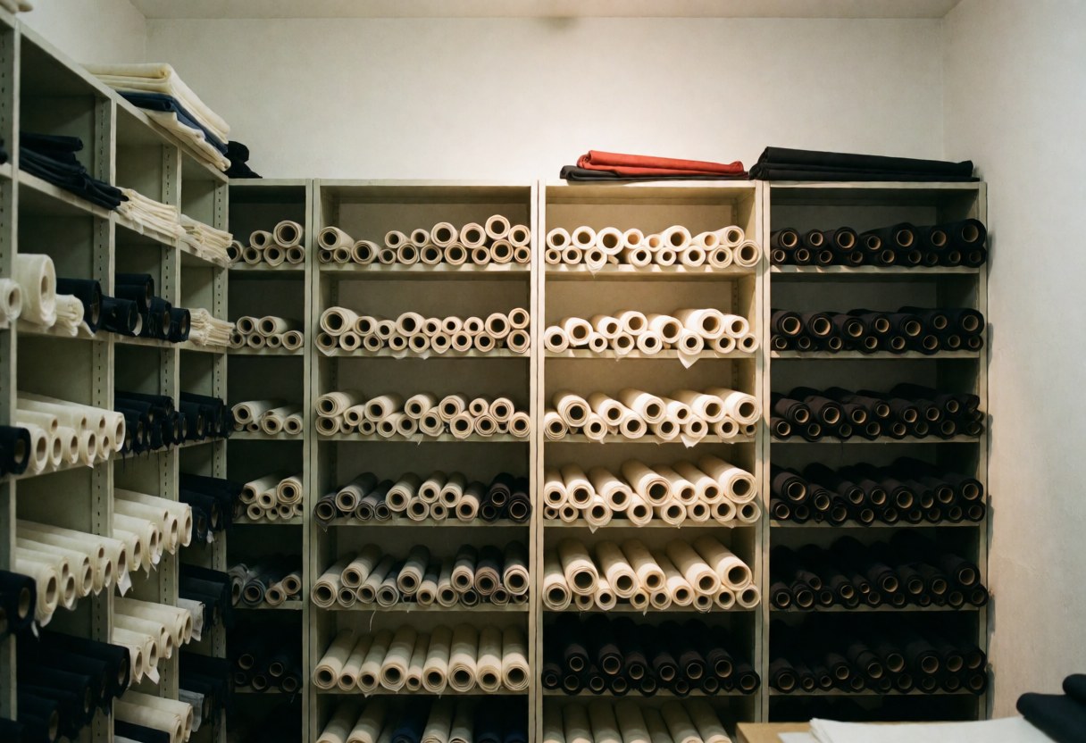 Shelves holding fabric rolls and organized textiles in a warm-lit room with white walls, used for shirt mending services.