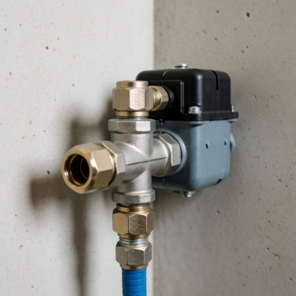 Close-up of a wall-mounted water solenoid valve with metal connections and blue pipe against a concrete wall, highlighting textures with soft lighting