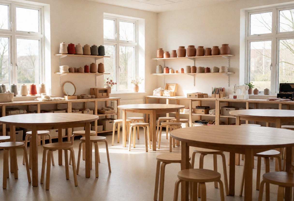 Bright craft workshop interior featuring round wooden tables and shelves stocked with materials, illuminated by natural window light in a clean and organized space.