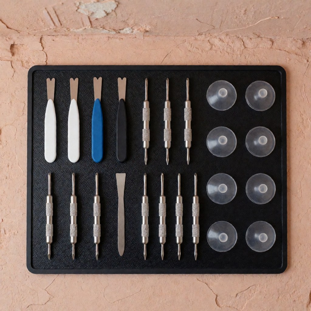 Set of cell phone repair tools including spudgers, screwdrivers, and suction cups arranged on a black magnetic mat for electronics repair shops